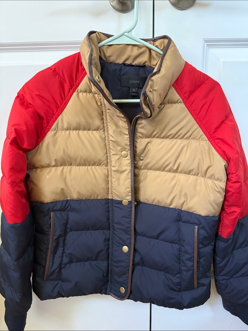 J. Crew Colorblock Puffer Jacket in Red, Tan & Navy